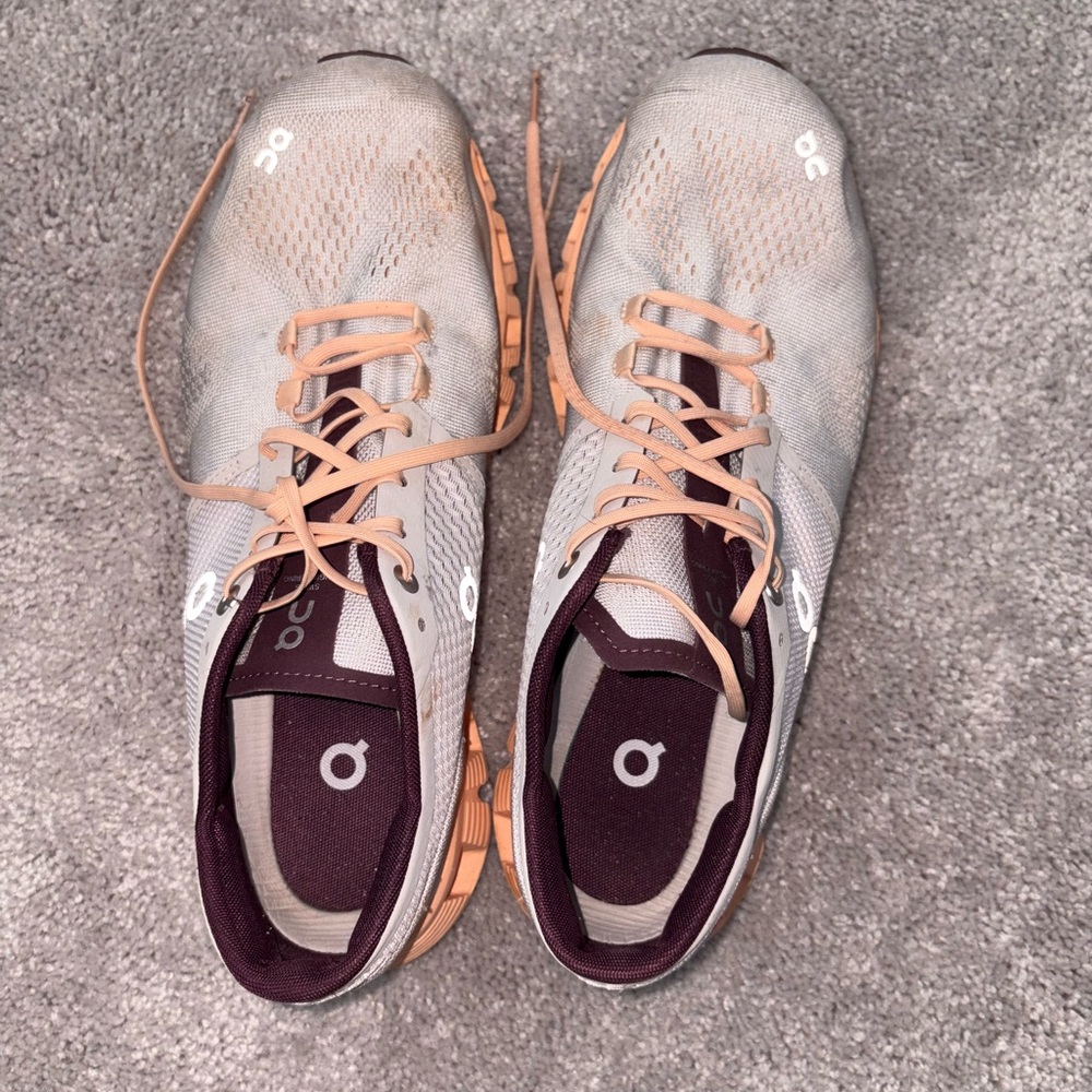 On Running Shoes with Purple and Tan Accents